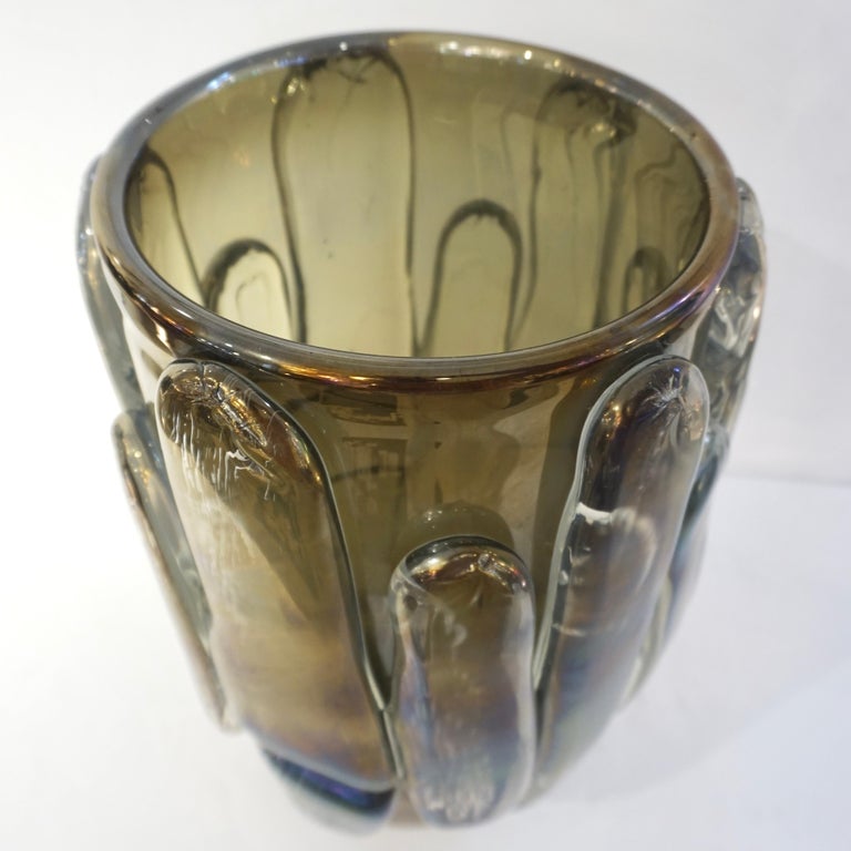 Cenedese Italian Modern Pair of Iridescent Black Smoked Murano Glass Vases For Sale 11