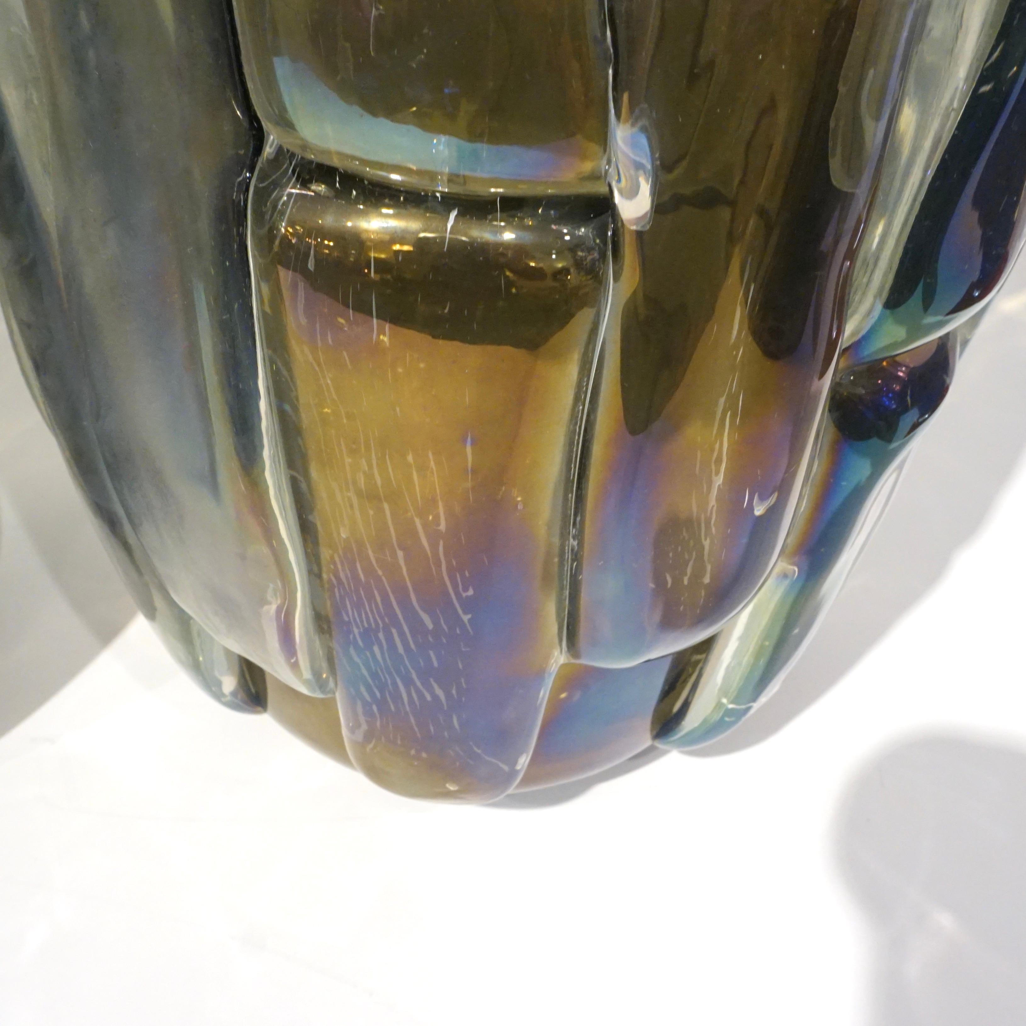 Mid-Century Modern Cenedese Italian Modern Pair of Iridescent Black Smoked Murano Glass Vases