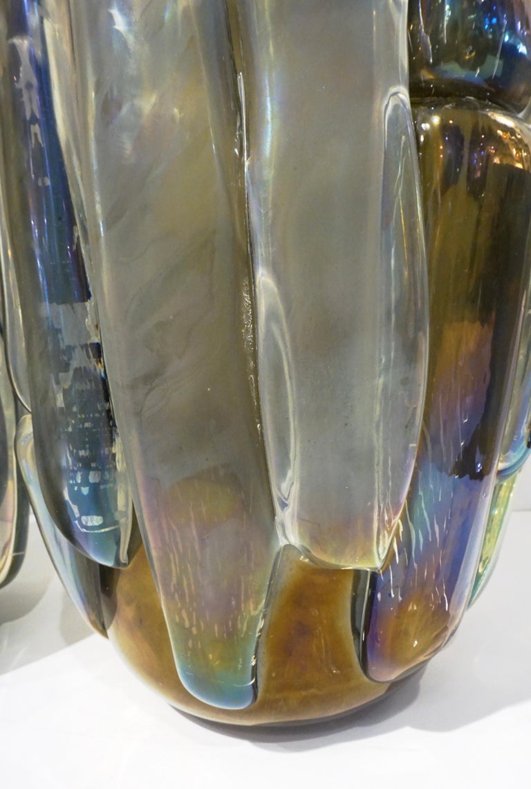 Hand-Crafted Cenedese Italian Modern Pair of Iridescent Black Smoked Murano Glass Vases For Sale