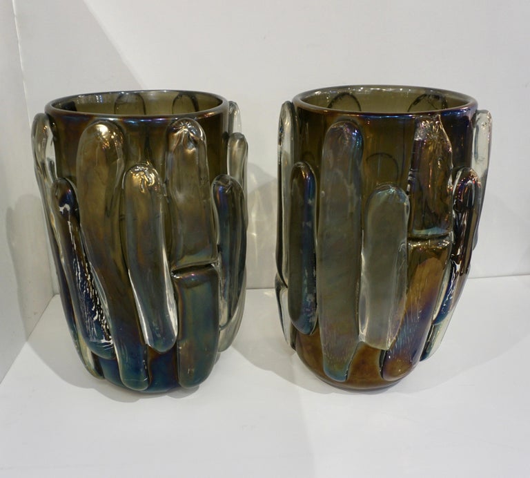 Art Glass Cenedese Italian Modern Pair of Iridescent Black Smoked Murano Glass Vases For Sale