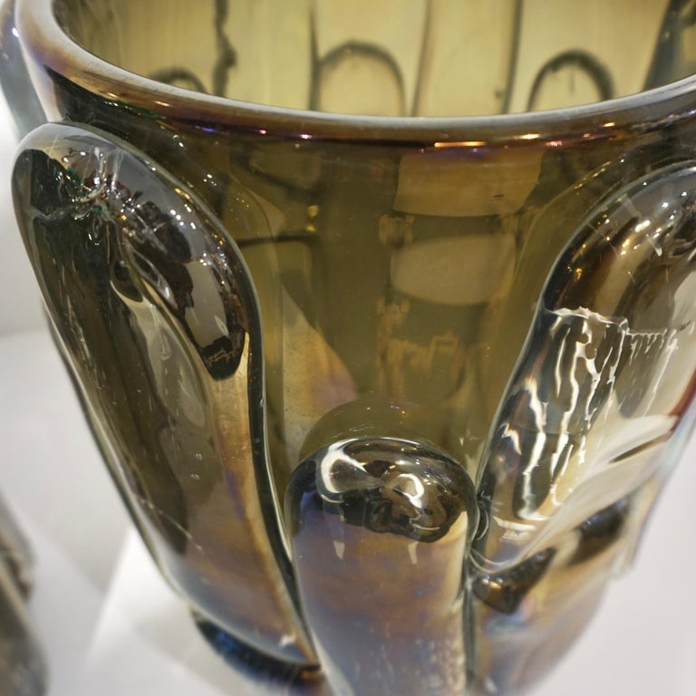 Cenedese Italian Modern Pair of Iridescent Black Smoked Murano Glass Vases For Sale 2