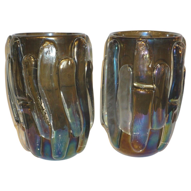 Cenedese Italian Modern Pair of Iridescent Black Smoked Murano Glass Vases For Sale
