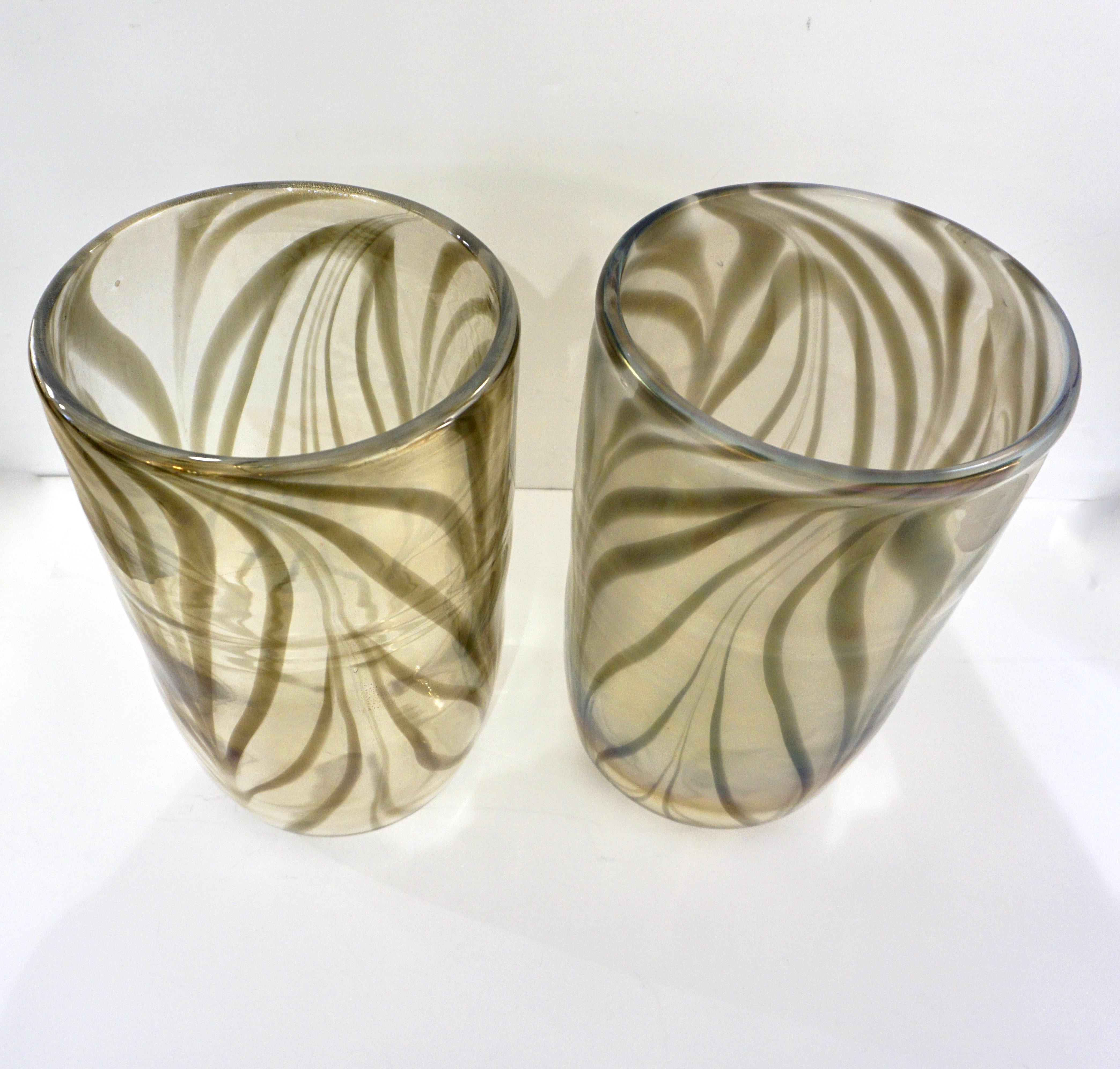 Cenedese Italian Pair of Iridescent Zebra Smoked Gold Murano Glass Modern Vases For Sale 3