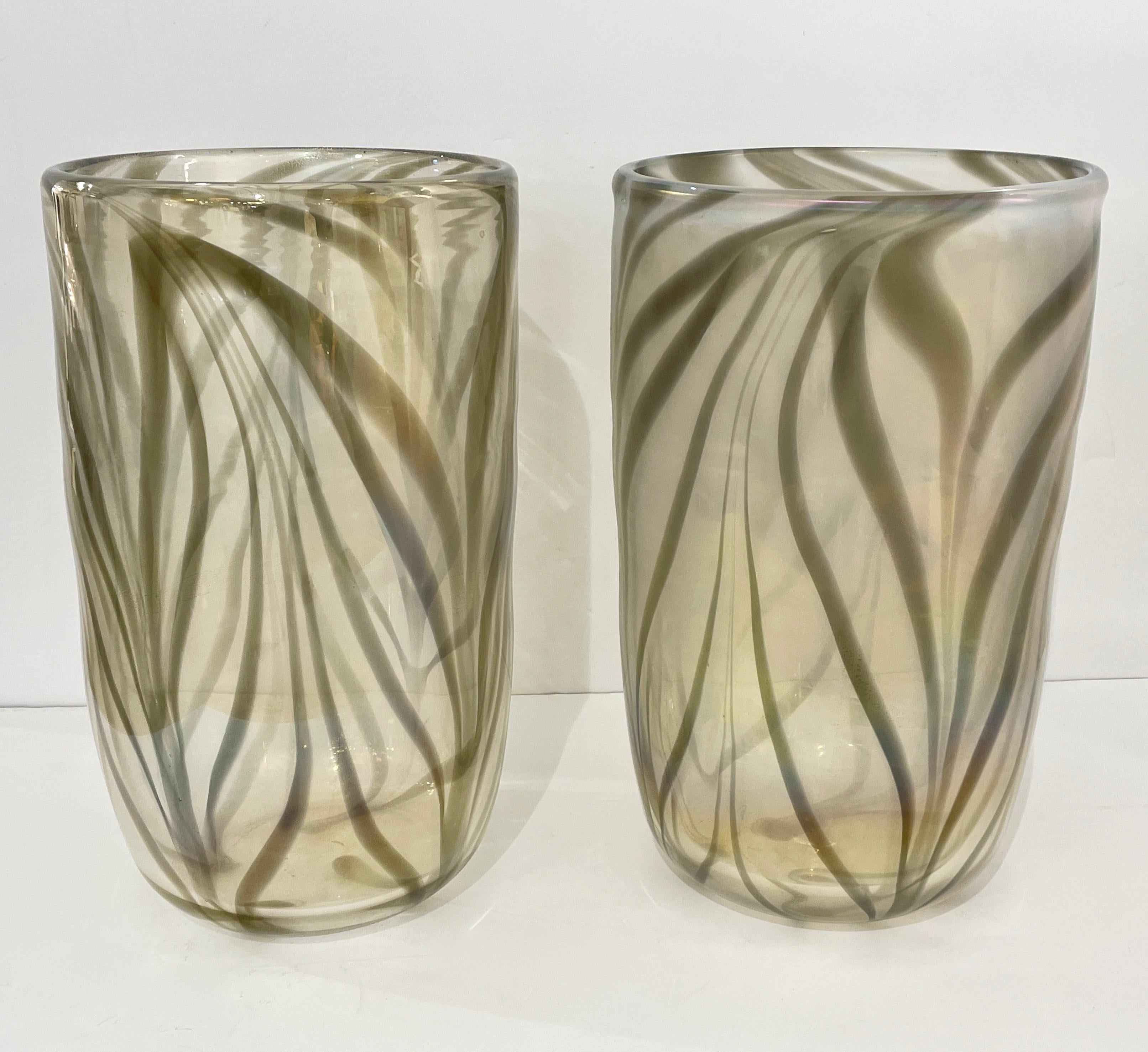 Cenedese Italian Pair of Iridescent Zebra Smoked Gold Murano Glass Modern Vases For Sale 10