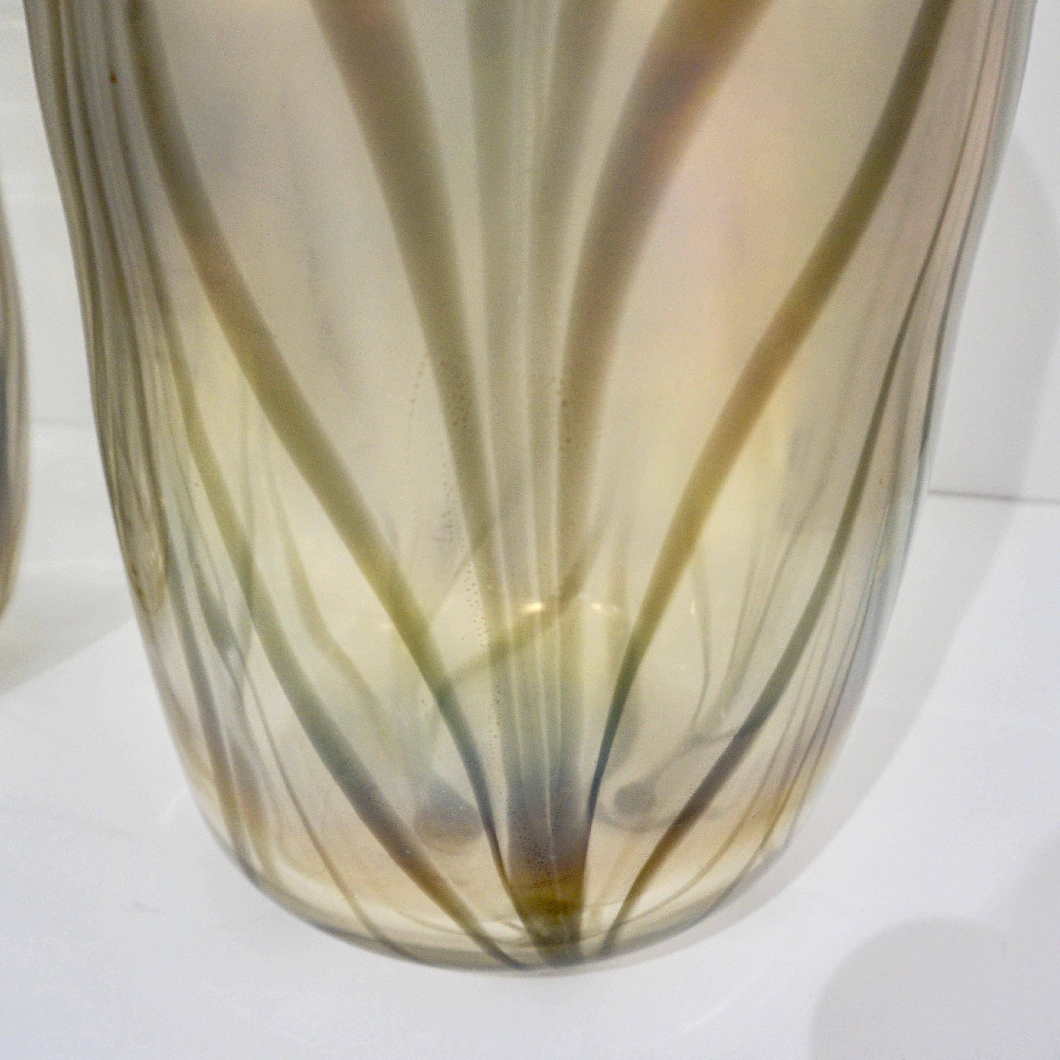 Organic Modern Cenedese Italian Pair of Iridescent Zebra Smoked Gold Murano Glass Modern Vases For Sale