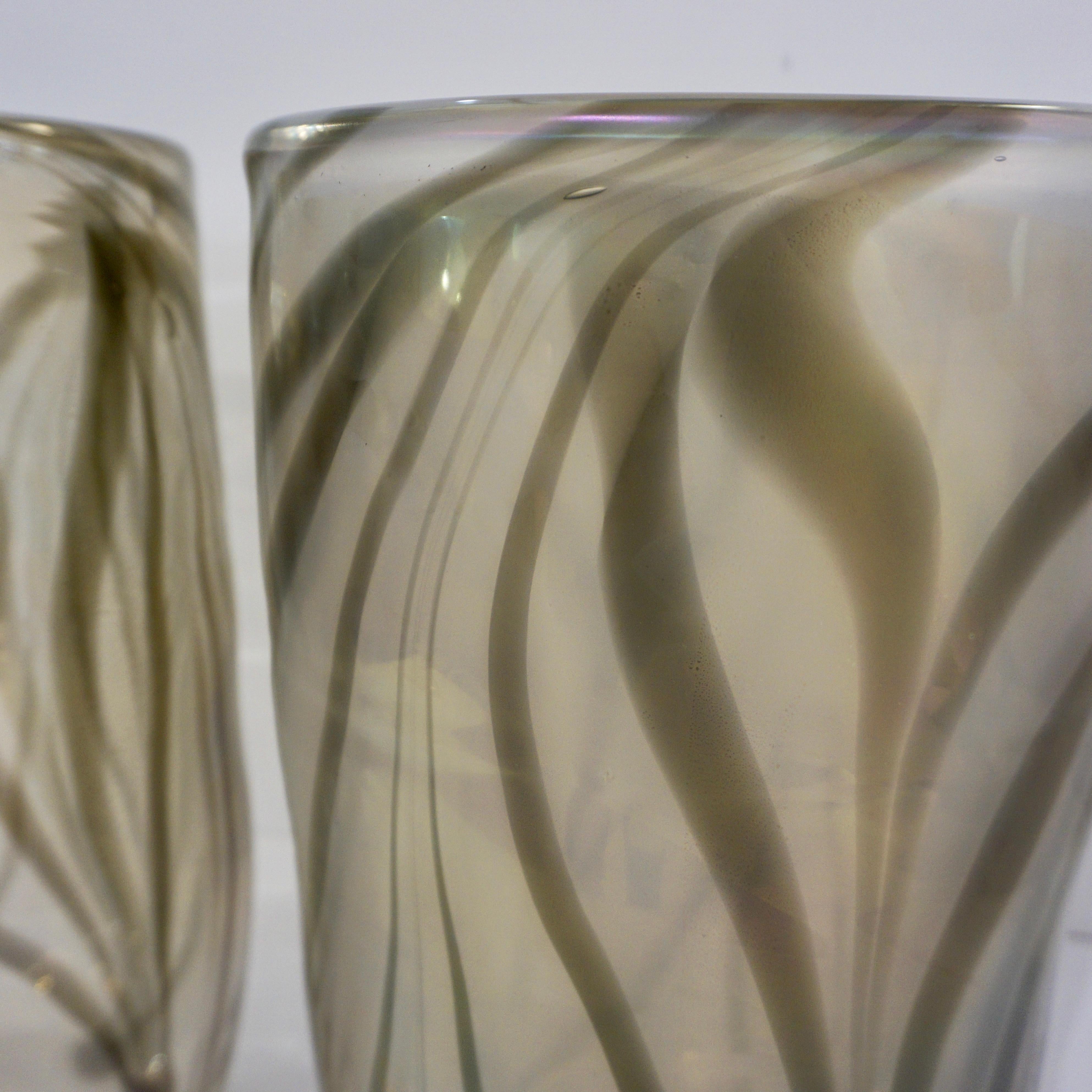 Hand-Crafted Cenedese Italian Pair of Iridescent Zebra Smoked Gold Murano Glass Modern Vases For Sale