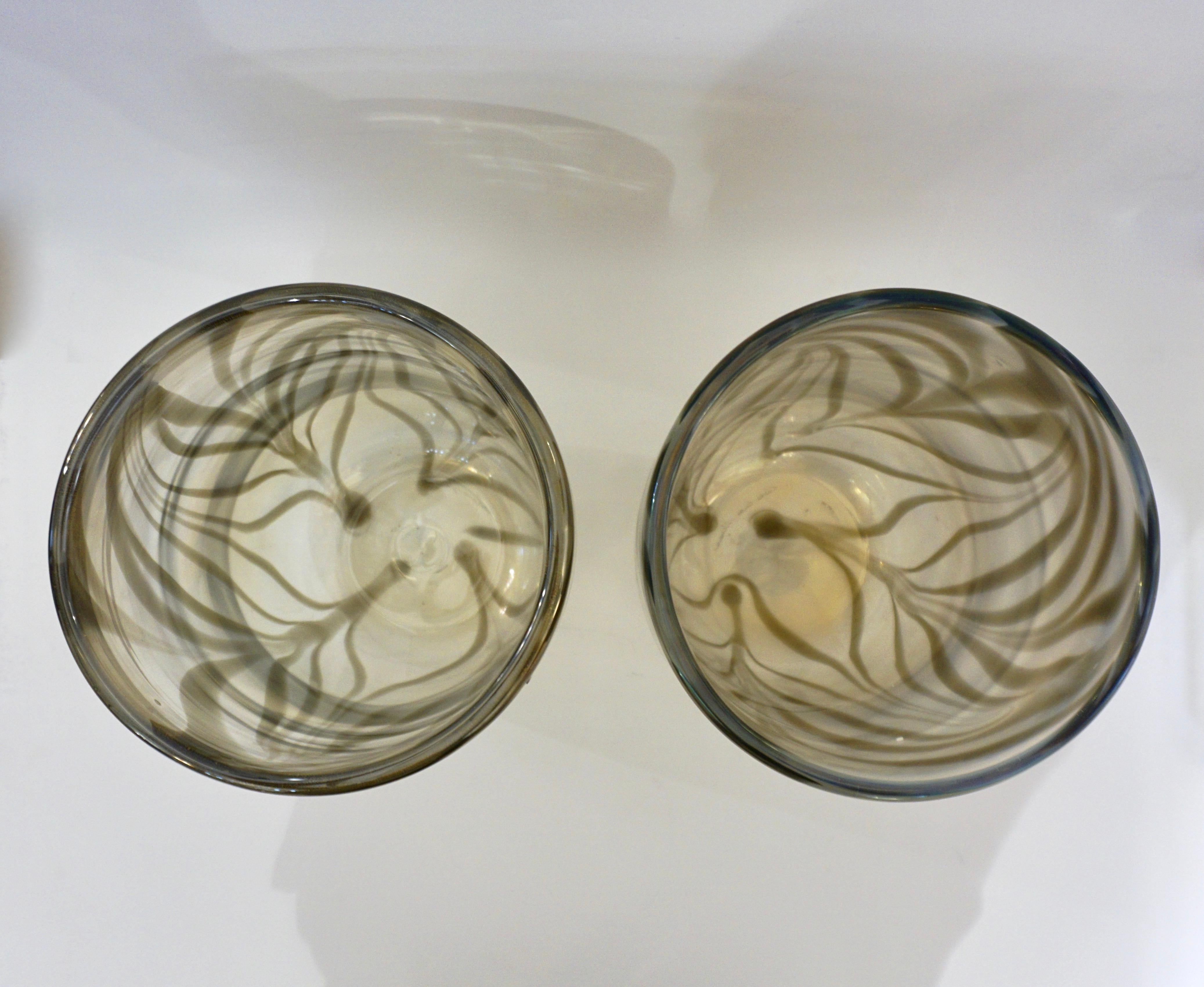Contemporary Cenedese Italian Pair of Iridescent Zebra Smoked Gold Murano Glass Modern Vases For Sale