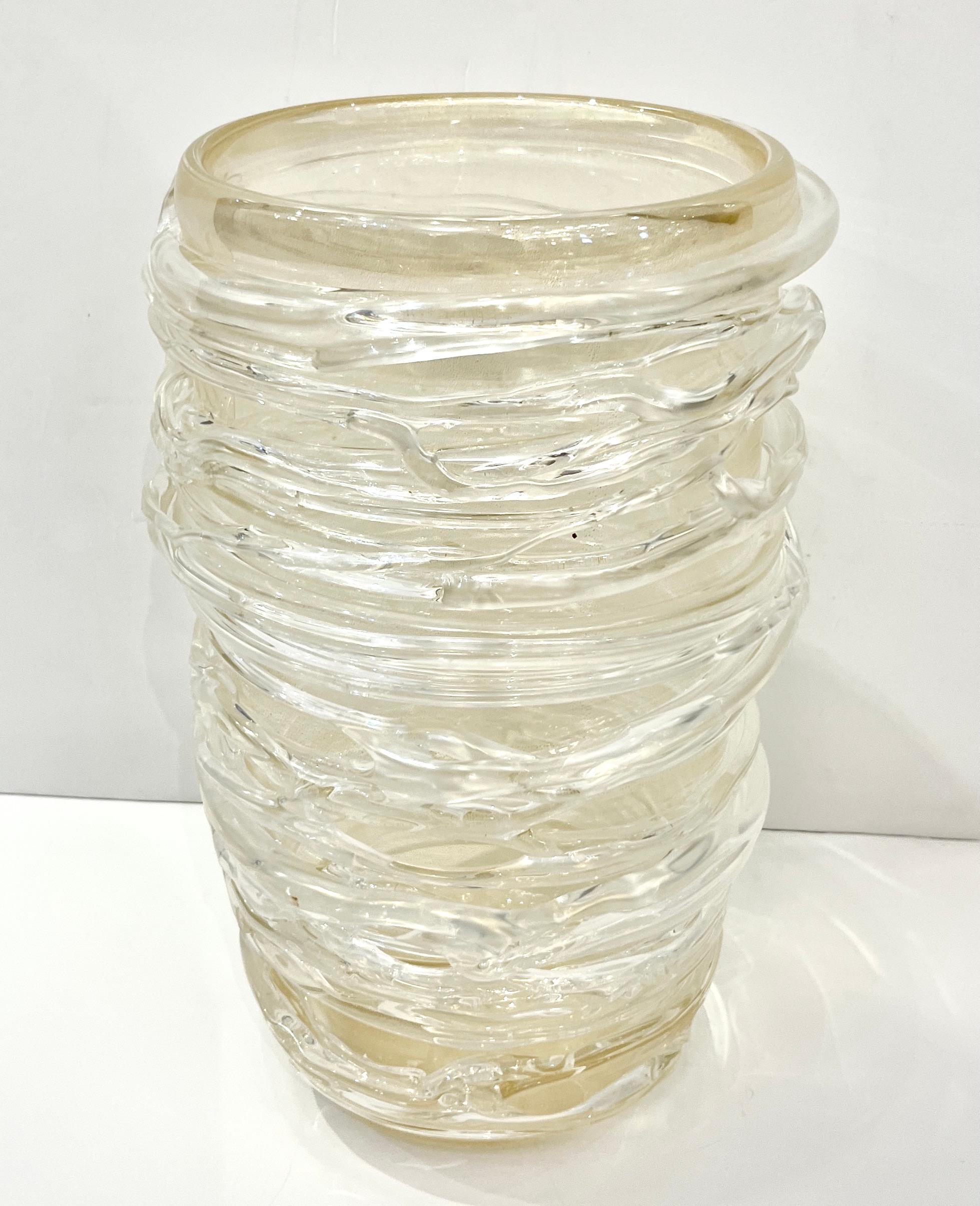 Organic Modern Cenedese Italian Pair of Tall Modern Iridescent Gold Crystal Murano Glass Vases For Sale
