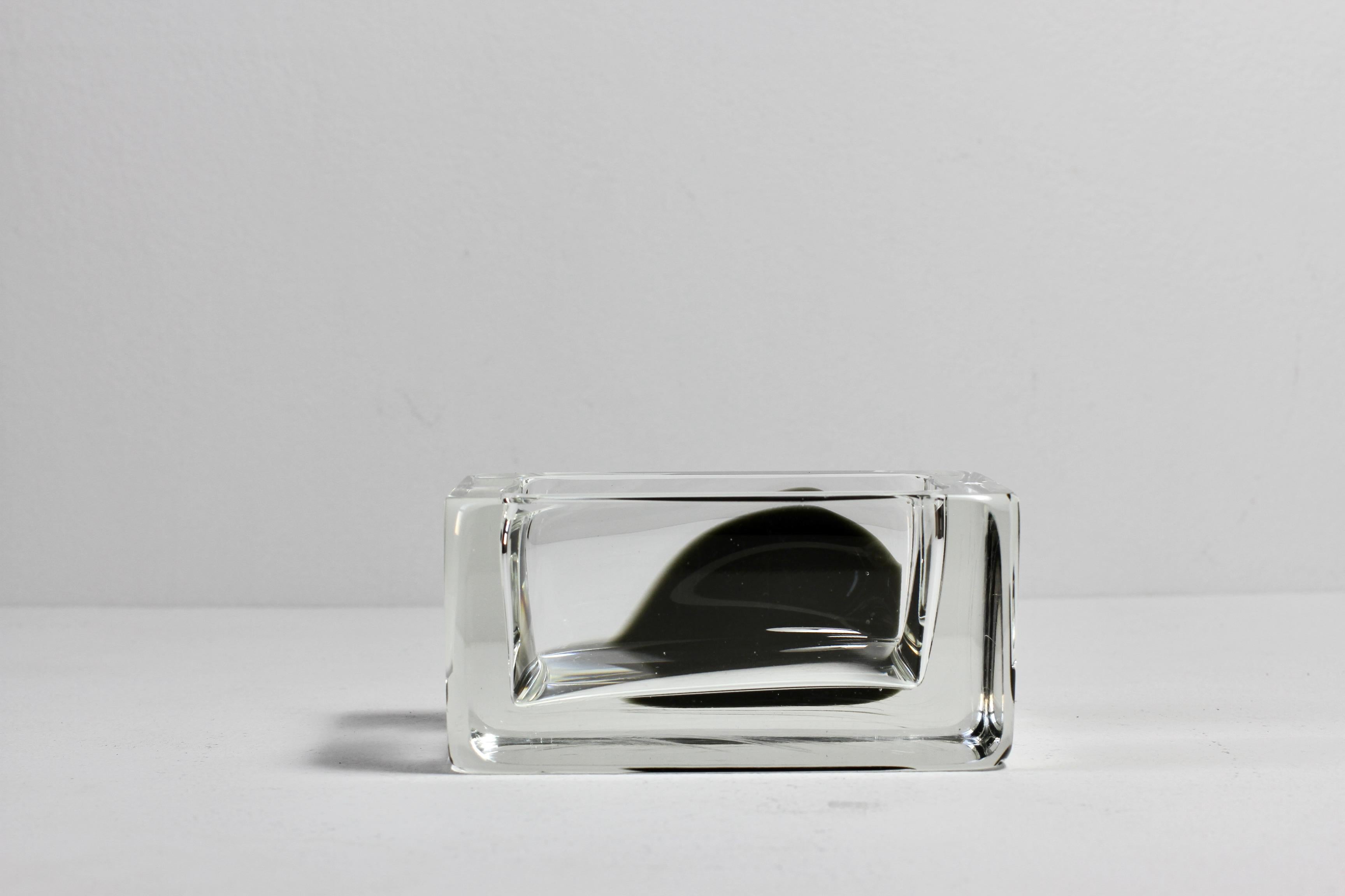 Blown Glass Cenedese Italian Rectangular Black and Clear Murano Glass Bowl, Dish or Ashtray For Sale