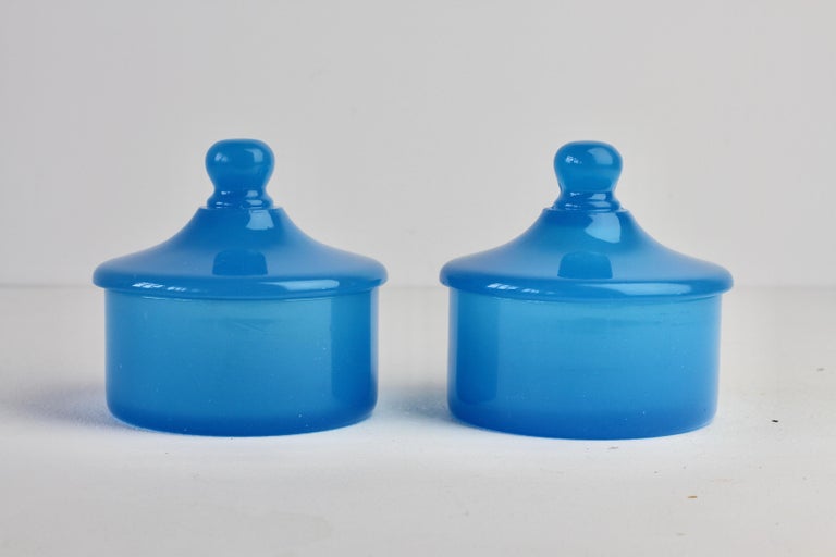 Mid-Century Modern Cenedese Mid-Century Blue Pair of Italian Murano Glass Apothecary Lidded Jars For Sale