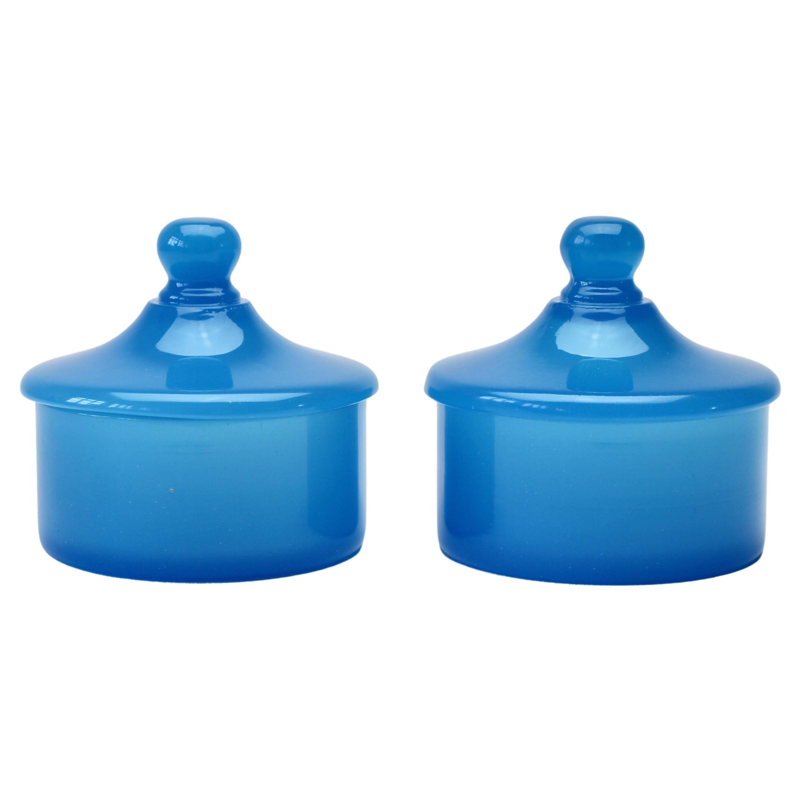 Cenedese Mid-Century Blue Pair of Italian Murano Glass Apothecary Lidded Jars