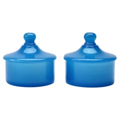 Vintage Cenedese Mid-Century Blue Pair of Italian Murano Glass Apothecary Lidded Jars