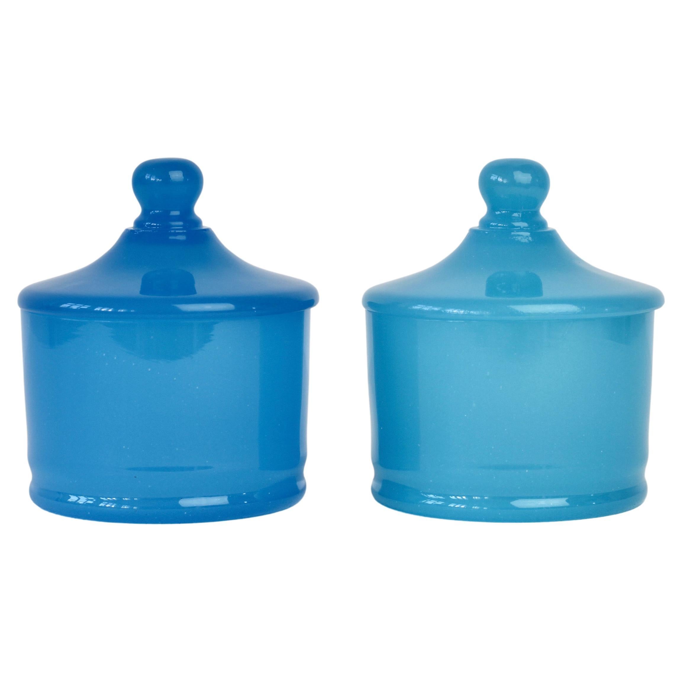Cenedese Mid-Century Blue Pair of Italian Murano Glass Apothecary Lidded Jars
