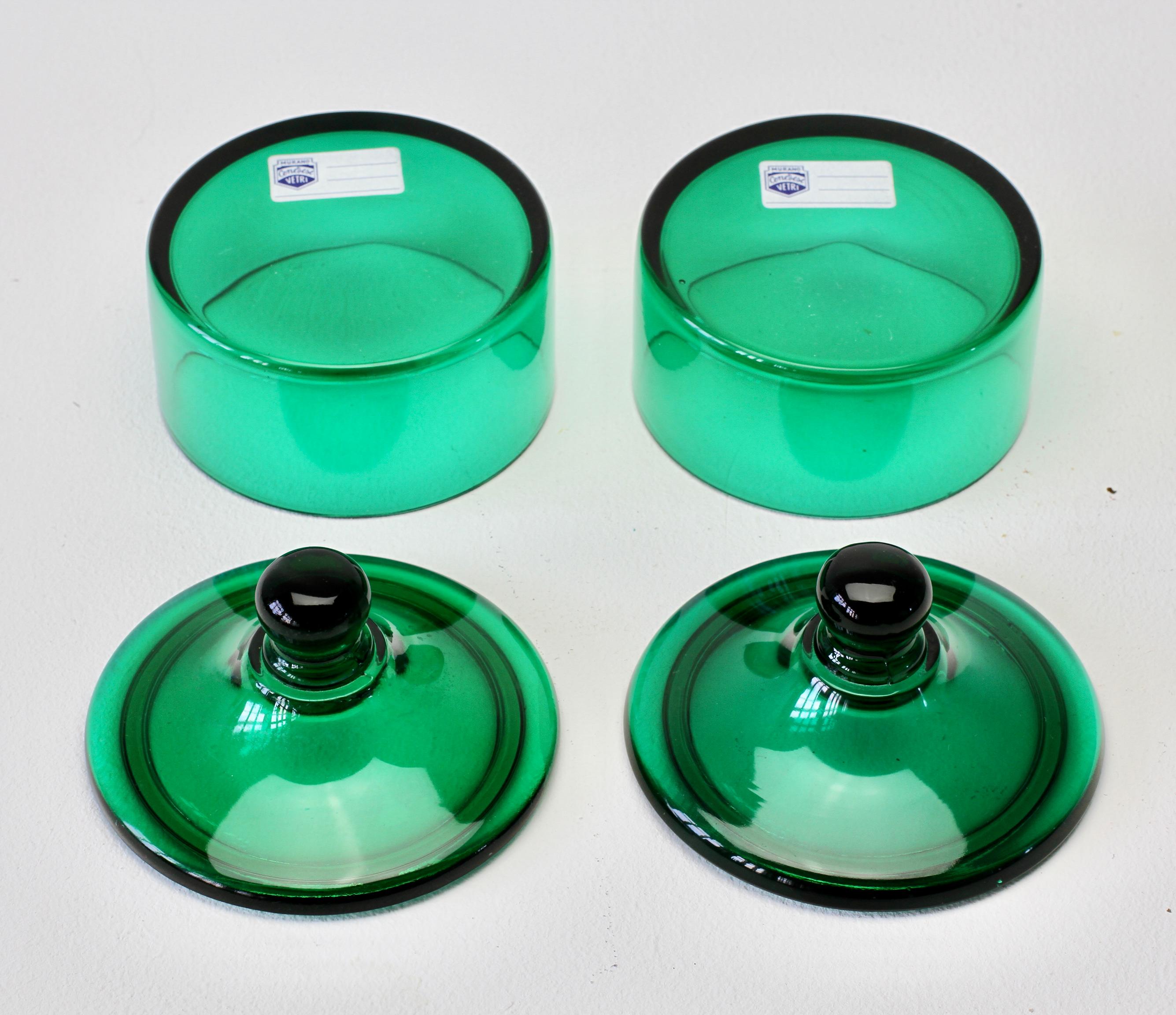 Blown Glass Cenedese Mid-Century Green Pair of Italian Murano Glass Apothecary Lidded Jars For Sale