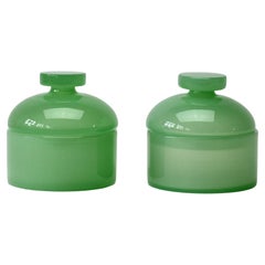Vintage Cenedese Mid-Century Onyx Green Pair Italian Murano Glass Apothecary Lidded Jars