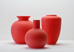 Cenedese Midcentury Trio von Vintage Italian Red Satin Matt Murano Glas Vasen