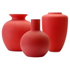 Cenedese Midcentury Trio of Vintage Italian Red Satin Matt Murano Glass Vases