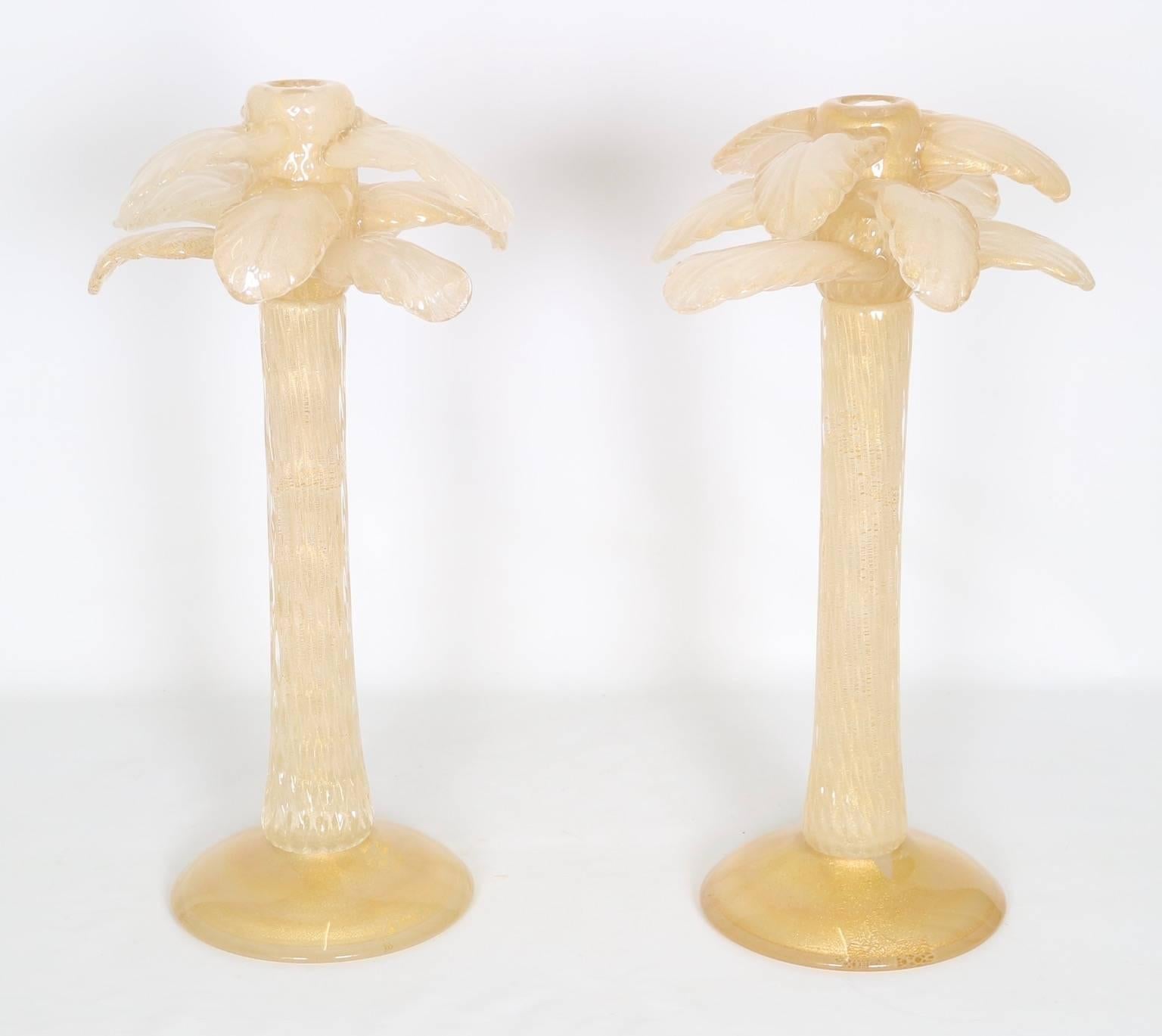 Cenedese Midcentury Murano Glass and Gold Candlesticks In Excellent Condition In New York, NY