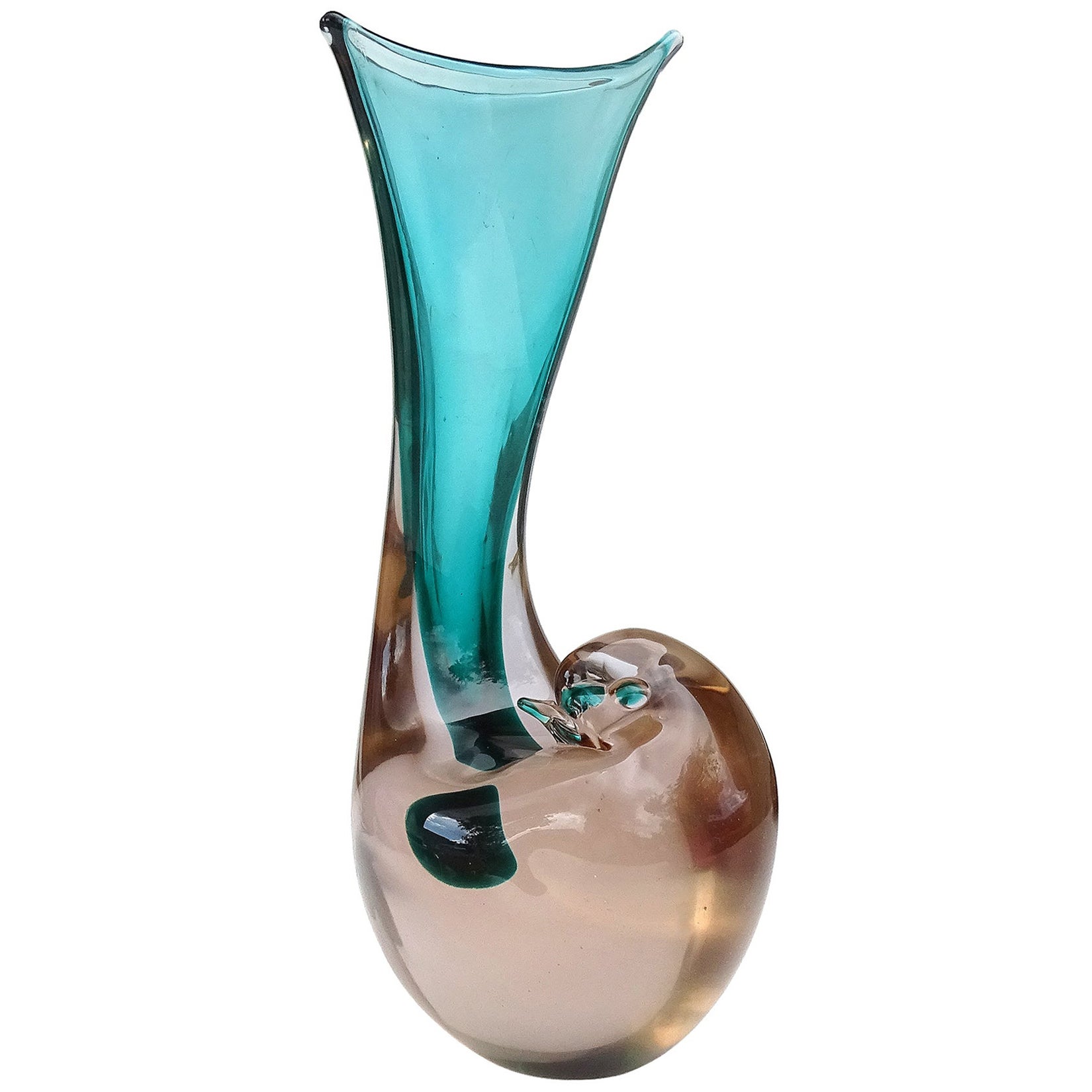 Cenedese Murano 1961 Sommerso Champagne Vaso scultoreo di uccelli in vetro artistico italiano