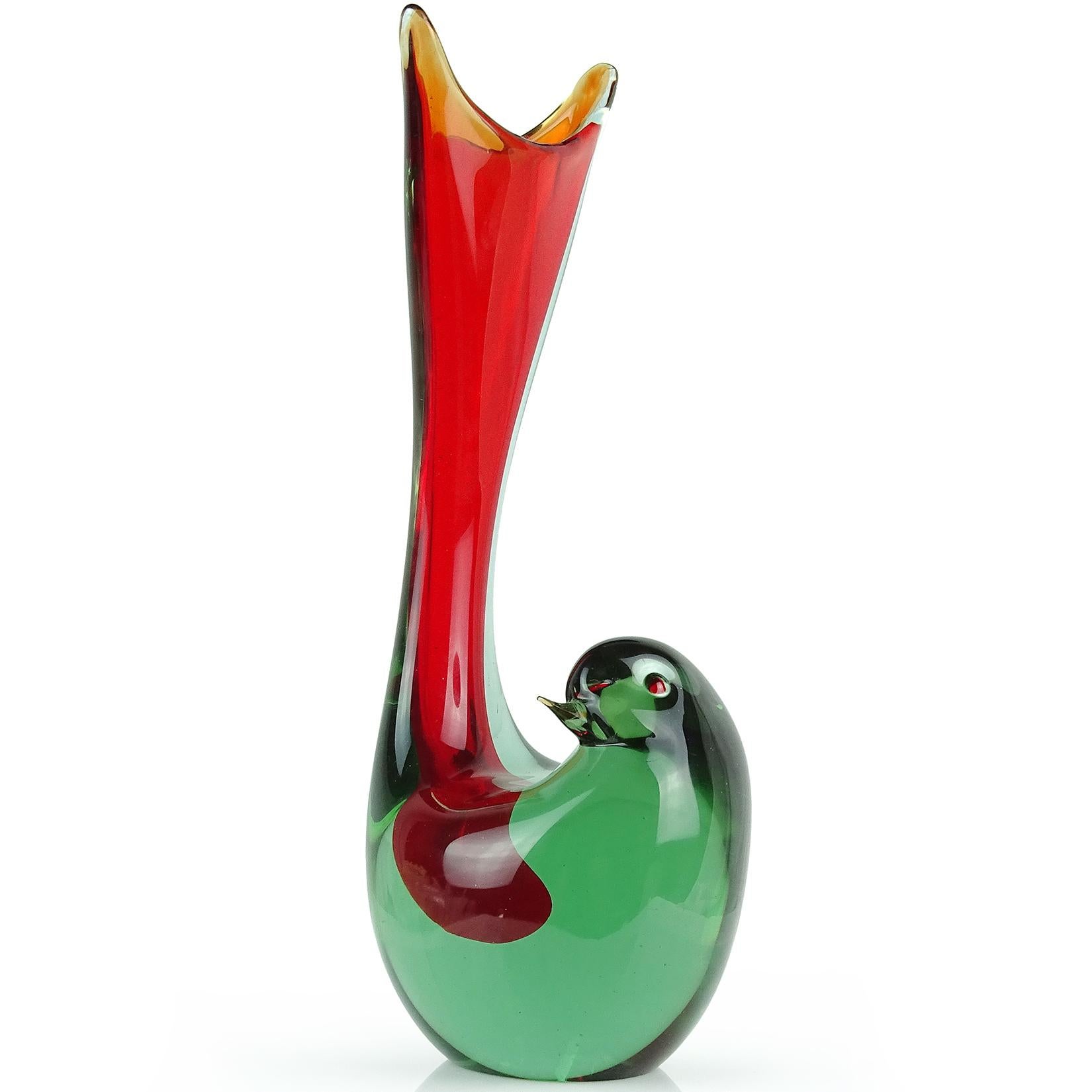 Mid-Century Modern Cenedese Murano 1961 Sommerso Red Gray Italian Art Glass Bird Sculptural Vase For Sale