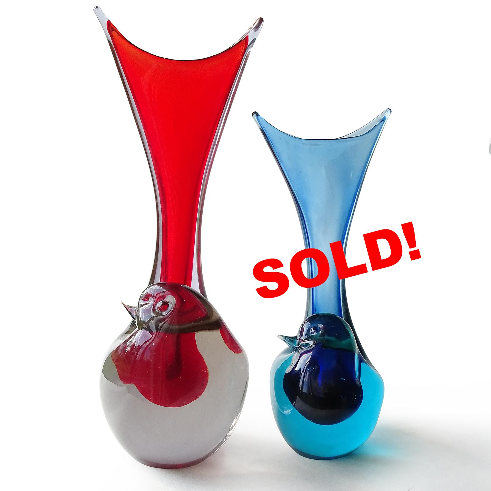 Cenedese Murano 1961 Sommerso Red Gray Italian Art Glass Bird Sculptural Vase For Sale 2