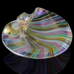 Cenedese Murano A Canne Ribbons Iridescent Italian Art Glass Seashell Dish Bowl