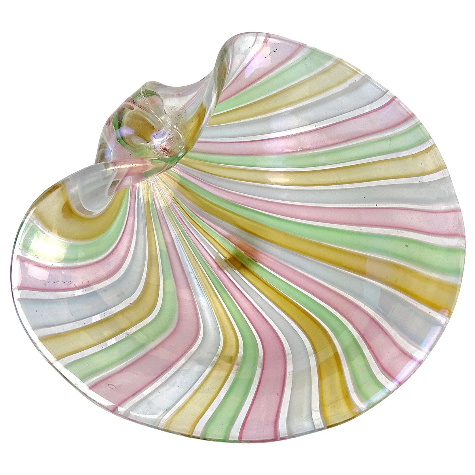 Cenedese Murano A Canne Ribbons Iridescent Italian Art Glass Seashell Dish Bowl