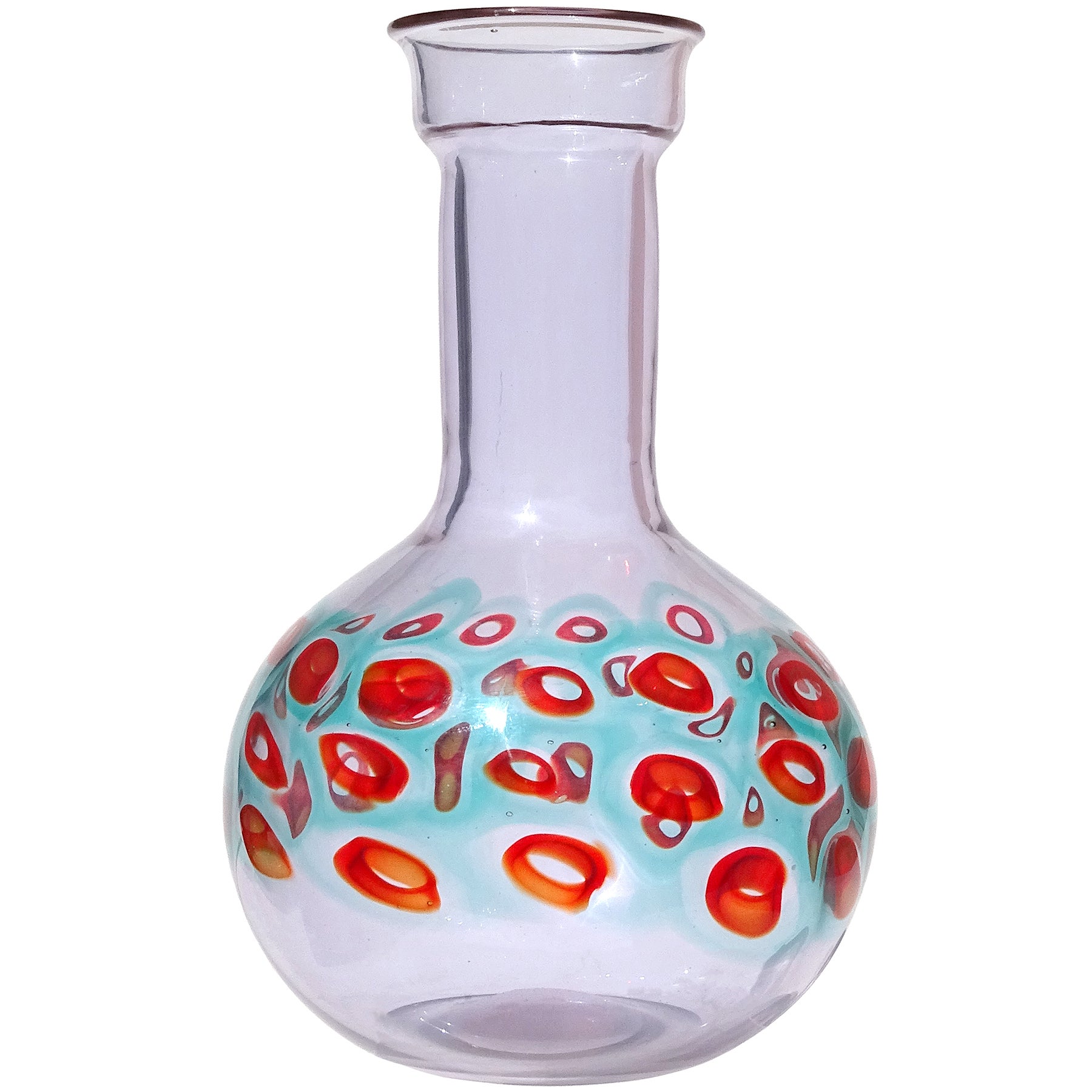 Cenedese Murano Alexandrite Red Blue Murrines Italian Art Glass Flower Vase For Sale