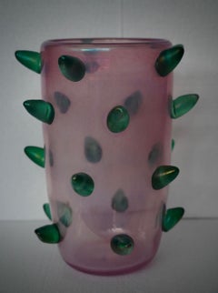 Cenedese Murano Art Glass Blown Glass Pink and Green Color Art Deco Vase, 2000