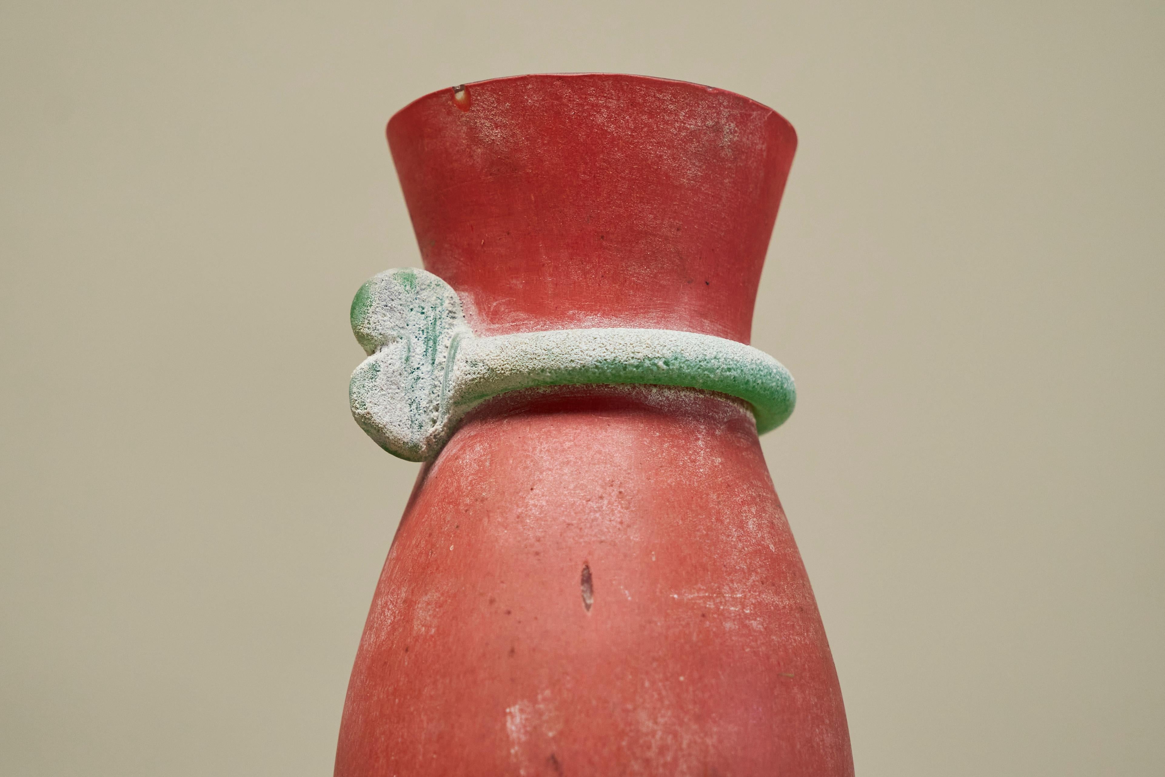 Italian Cenedese Murano Attributed Scavo Vase in Red and Green Italy 1960s For Sale