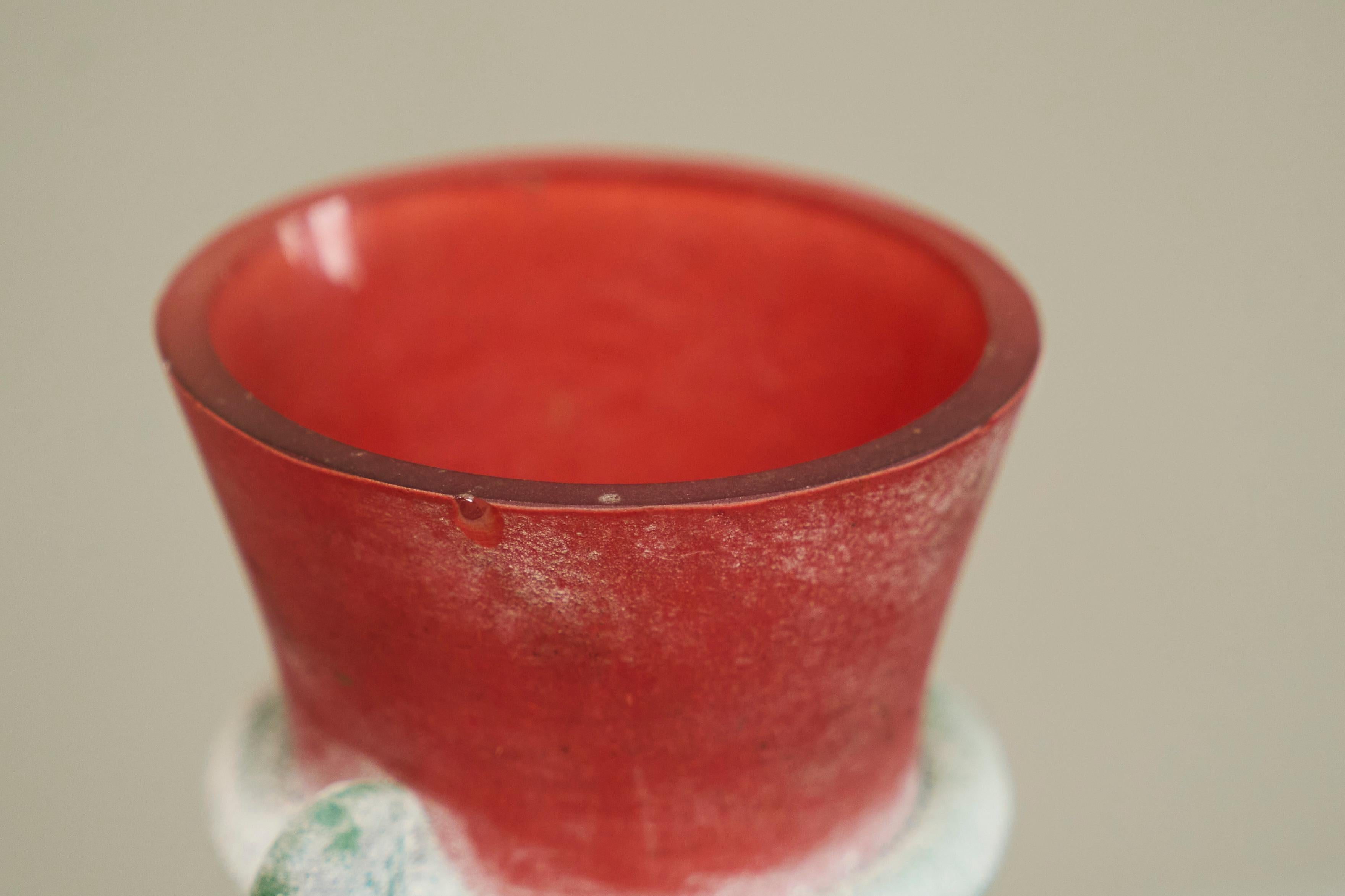 Glass Cenedese Murano Attributed Scavo Vase in Red and Green Italy 1960s For Sale