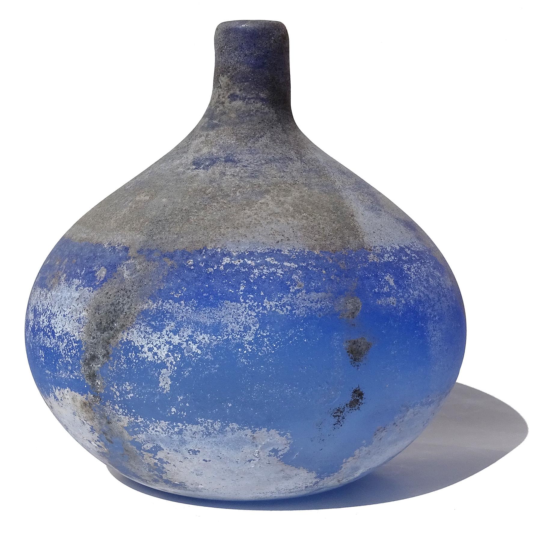 Mid-Century Modern Cenedese Murano Blue Black Gray Scavo Texture Italian Art Glass Flower Vase