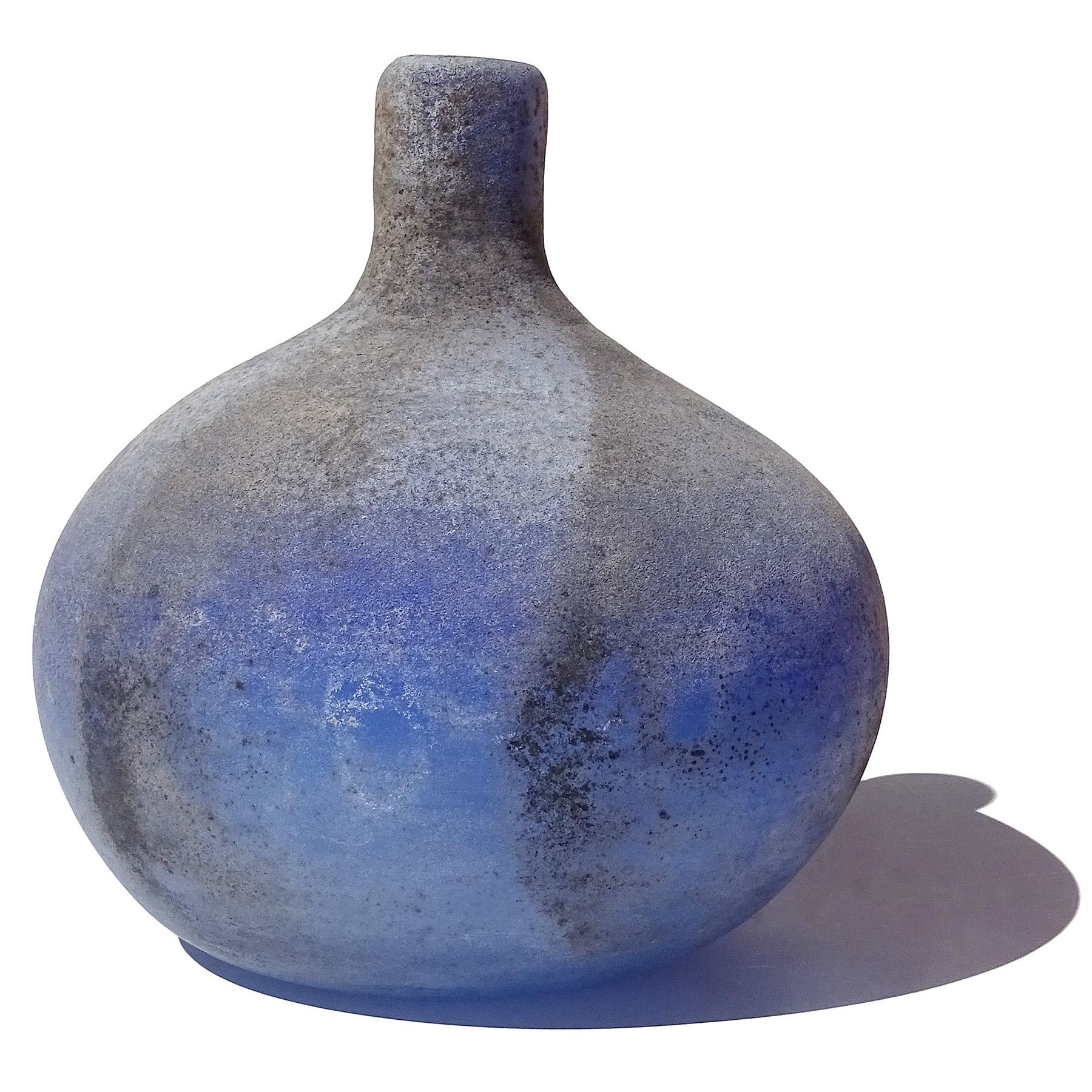 Hand-Crafted Cenedese Murano Blue Black Gray Scavo Texture Italian Art Glass Flower Vase