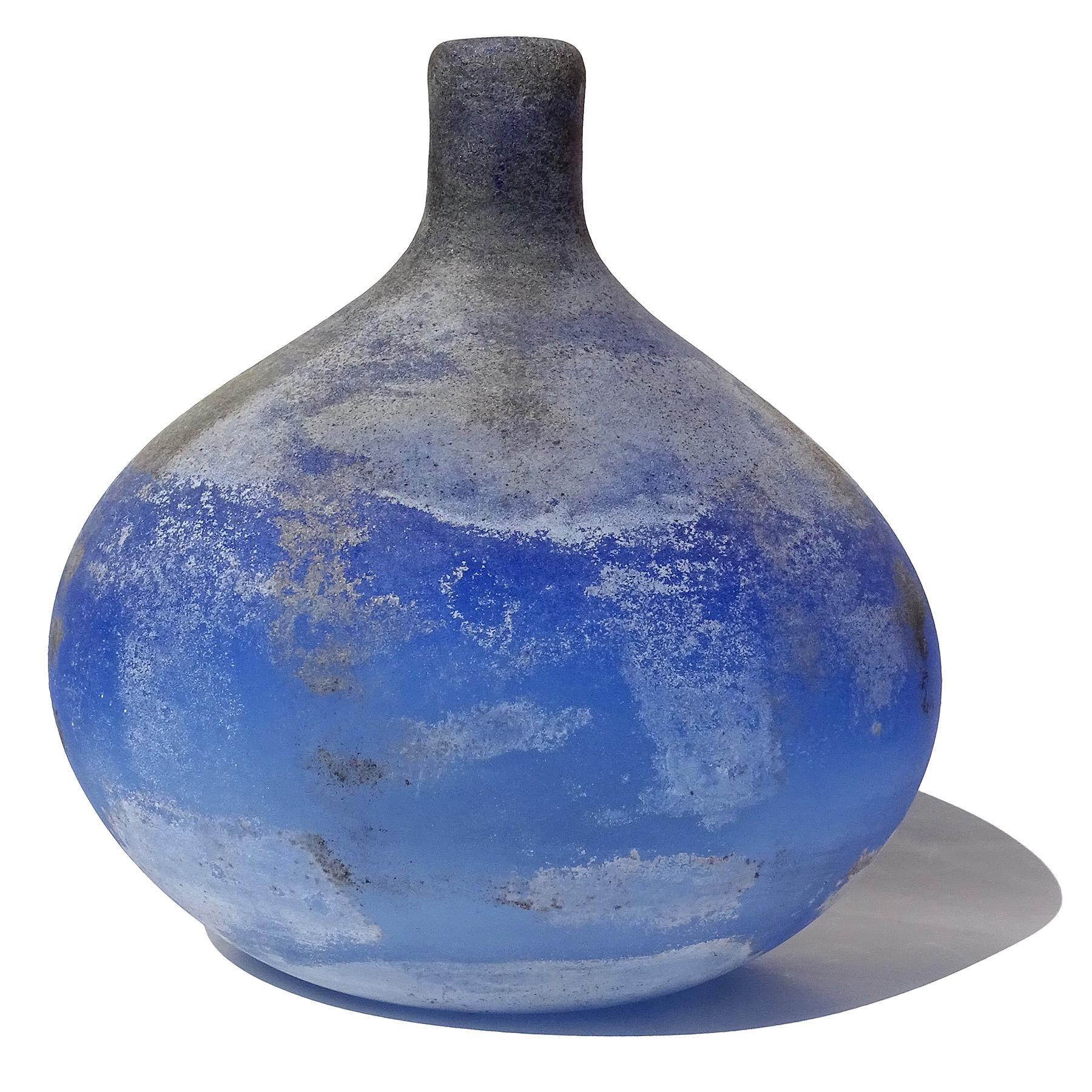 Hand-Crafted Cenedese Murano Blue Black Gray Scavo Texture Italian Art Glass Flower Vase