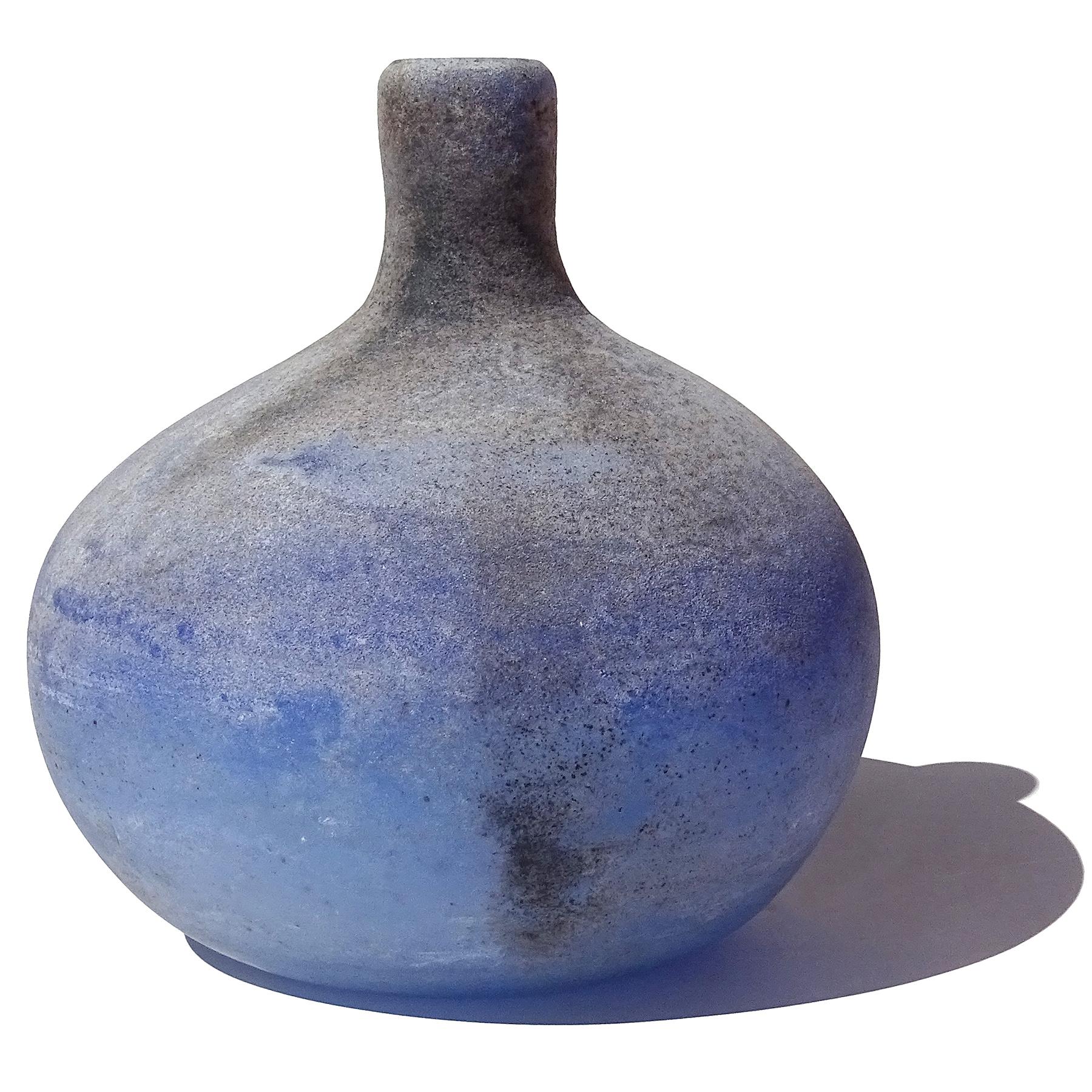 Late 20th Century Cenedese Murano Blue Black Gray Scavo Texture Italian Art Glass Flower Vase