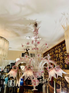Cenedese Murano glass chandelier pink with flowers circa 1940