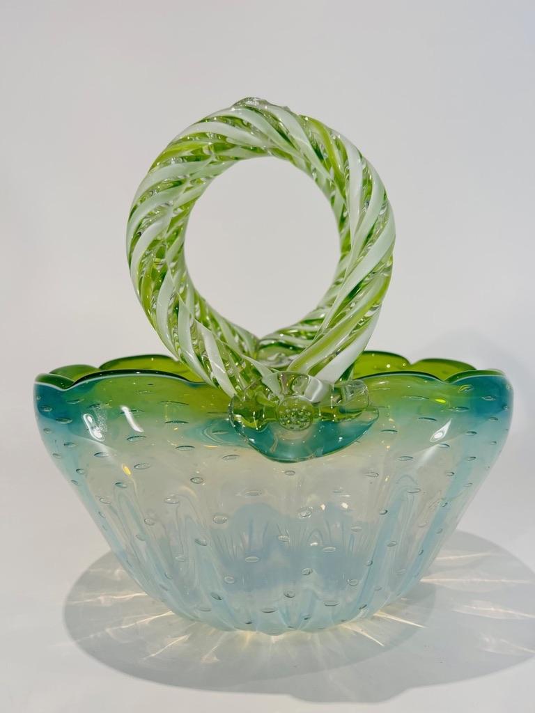 Incredible CENEDESE Murano glass green opaline circa 1950 basket.