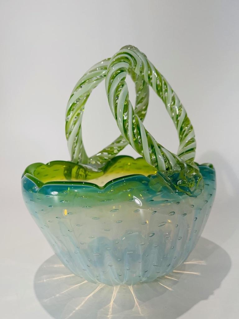 International Style Cenedese Murano glass green opaline circa 1950 basket. For Sale