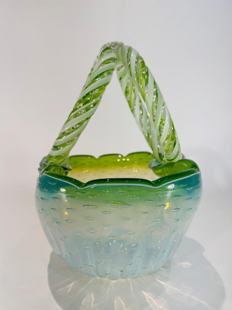 Italian Cenedese Murano glass green opaline circa 1950 basket. For Sale
