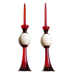 Vintage Cenedese Murano Glass Hand Blown Red Candleholders & Art Glass Candles CLEARANCE