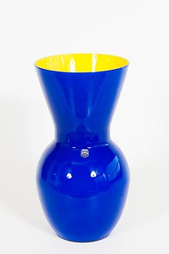 Cenedese Murano Glass Hourglass Vase in Cobalt Blue and Yellow, 1980s