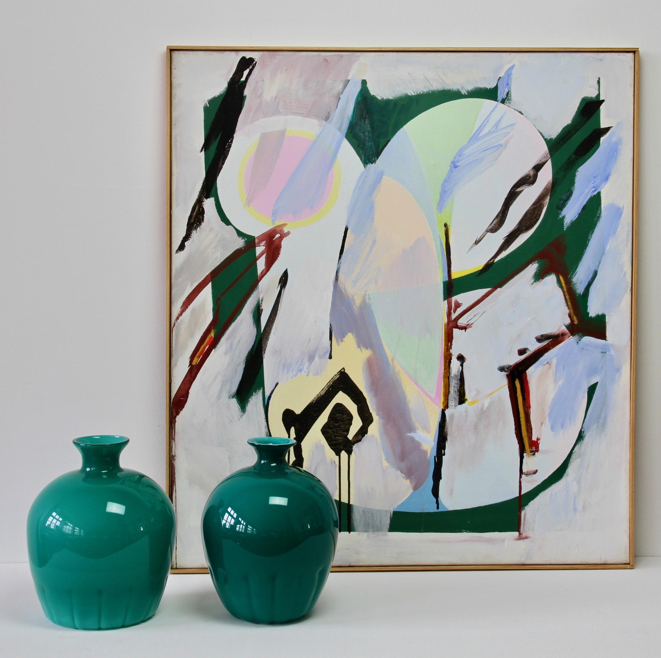 Set - featuring a pair of Italian teal green Murano glass vases by Cenedese, circa 1970-1990 and a wonderful informal abstract modernist oil painting signed by German artist Walter Wohlschlegel (1907-1999). This piece is titled 'Hochsommer' (high