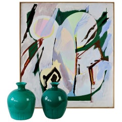 Cenedese Murano Glass Vase Set and Walter Wohlschlegel Abstract Painting