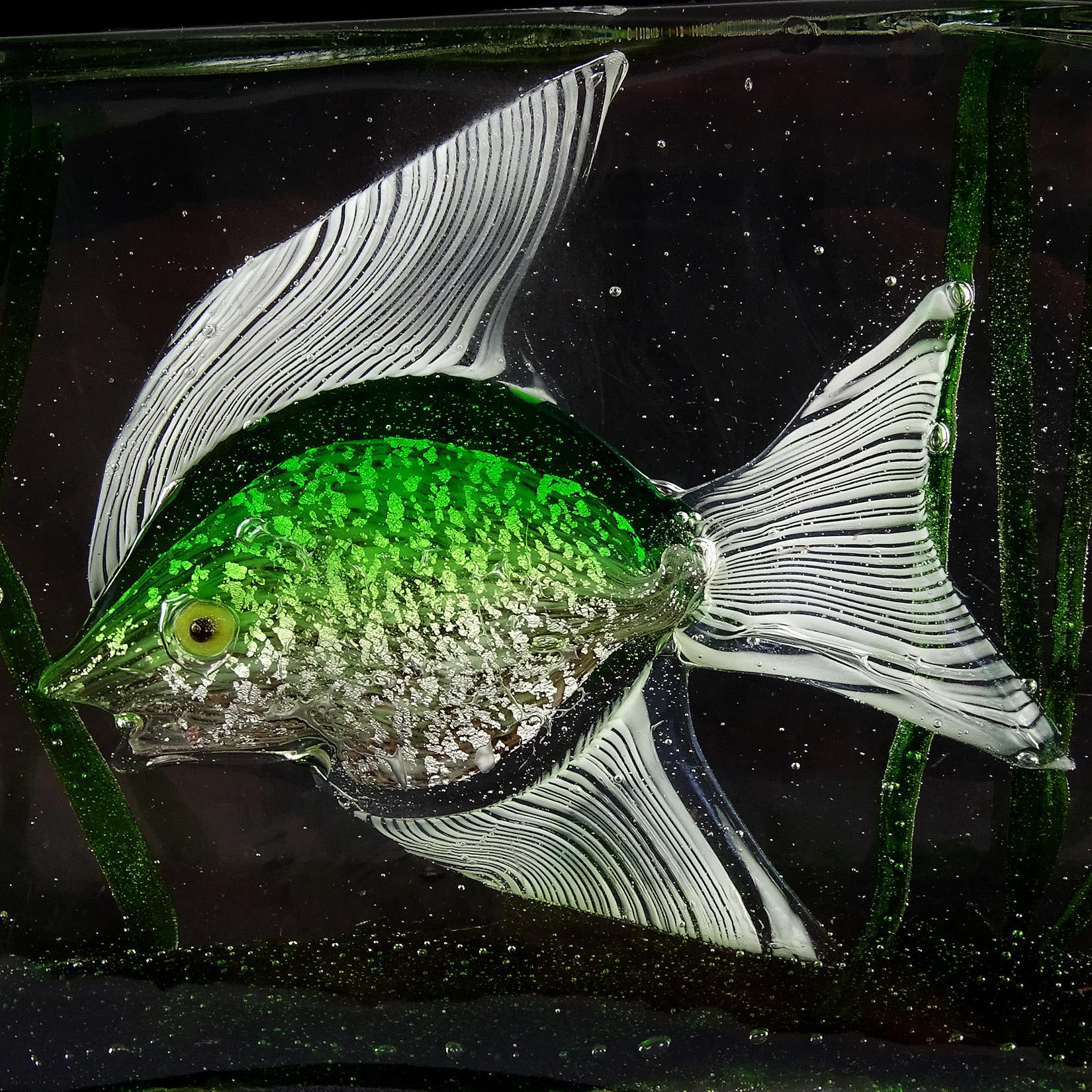 Mid-Century Modern Cenedese Murano Green White Silver Flecks Italian Art Glass Fish Aquarium Block