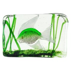 Cenedese Murano Green White Silver Flecks Italian Art Glass Fish Aquarium Block