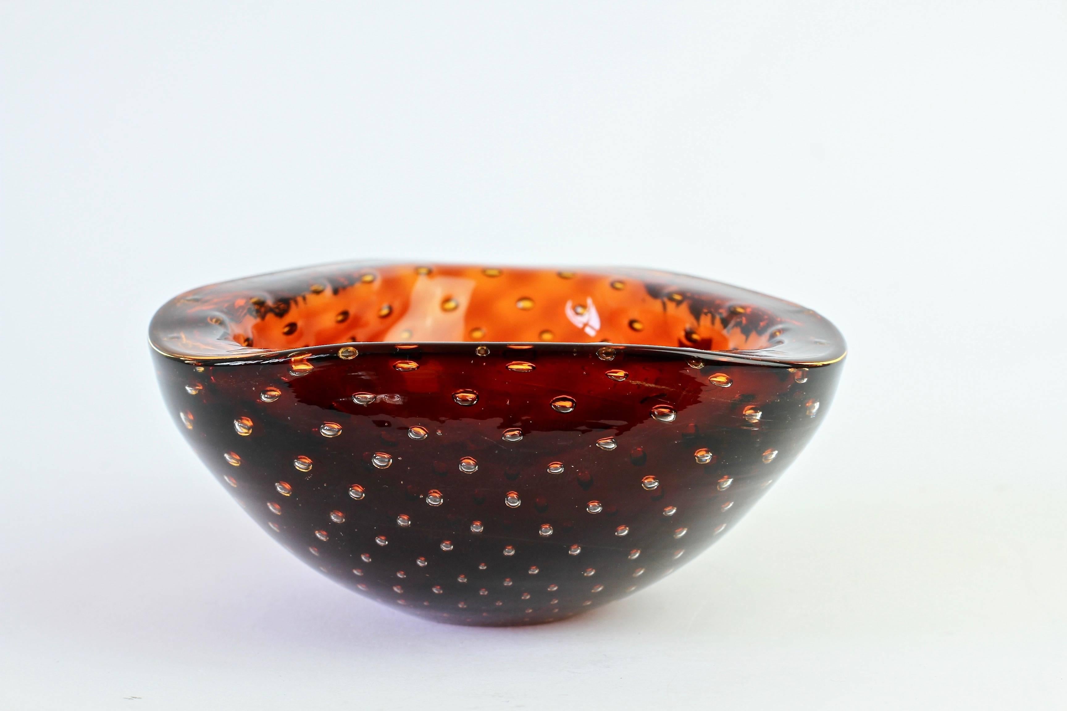 Mid-Century Modern Vintage Cenedese Murano Italian Amber Glass Bullicante Bubble Bowl or Ashtray