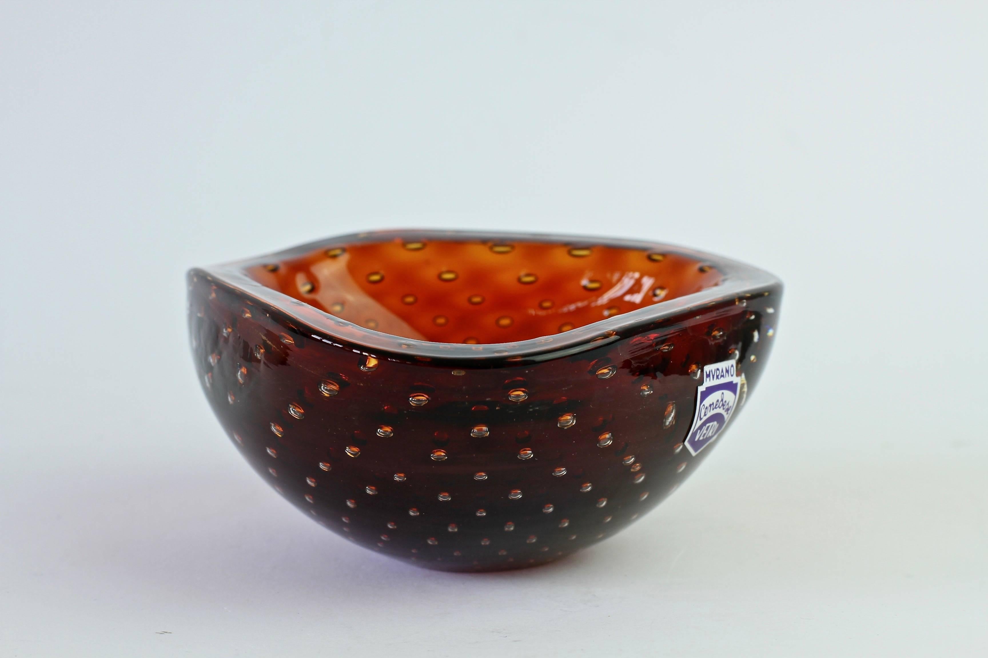 Vintage Cenedese Murano Italian Amber Glass Bullicante Bubble Bowl or Ashtray In Good Condition In Landau an der Isar, Bayern