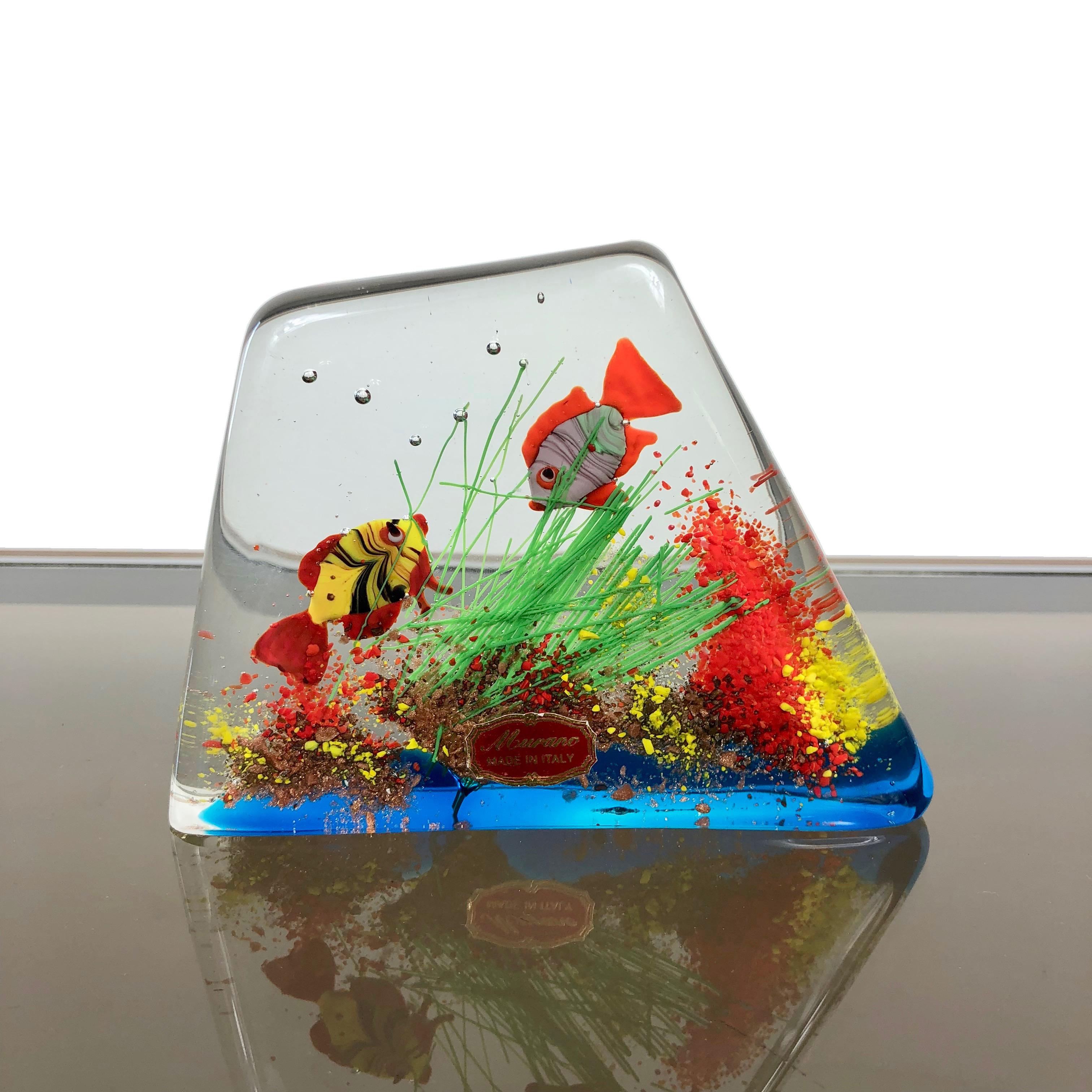 Blown Glass Cenedese Murano Italian Art Glass Two Fishes Aquarium Block For Sale