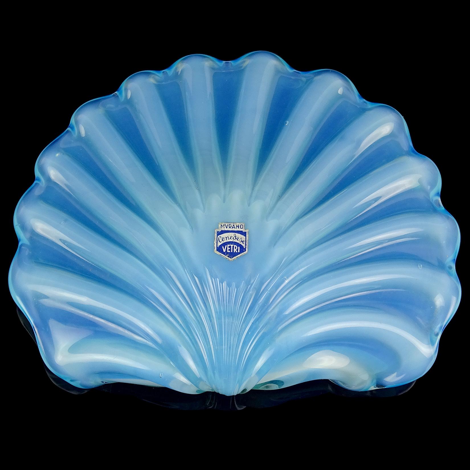 Hand-Crafted Cenedese Murano Opalescent Blue White Italian Art Glass Fan Conch Seashell Bowl For Sale