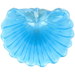 Cenedese Murano Opalescent Blue White Italian Art Glass Fan Shape Seashell Bowl